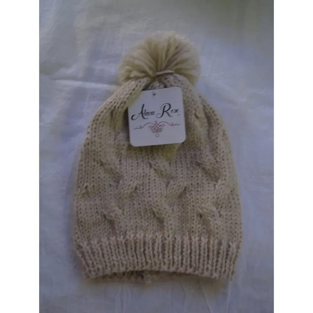 NEW Alexa Rose Winter Knit Hat Beanie Tuk Gold Tan Woven Girl's Pom Pom‎ Stretch